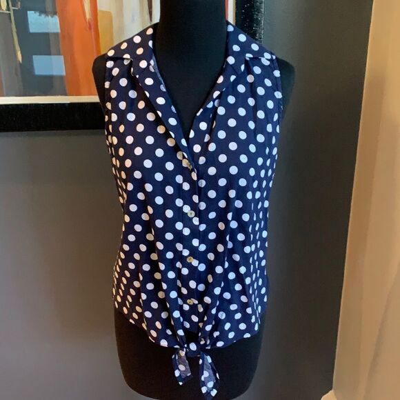 Cha Cha Vente navy and white polka dot solid back tie button front top, NWT, S - Picture 1 of 6